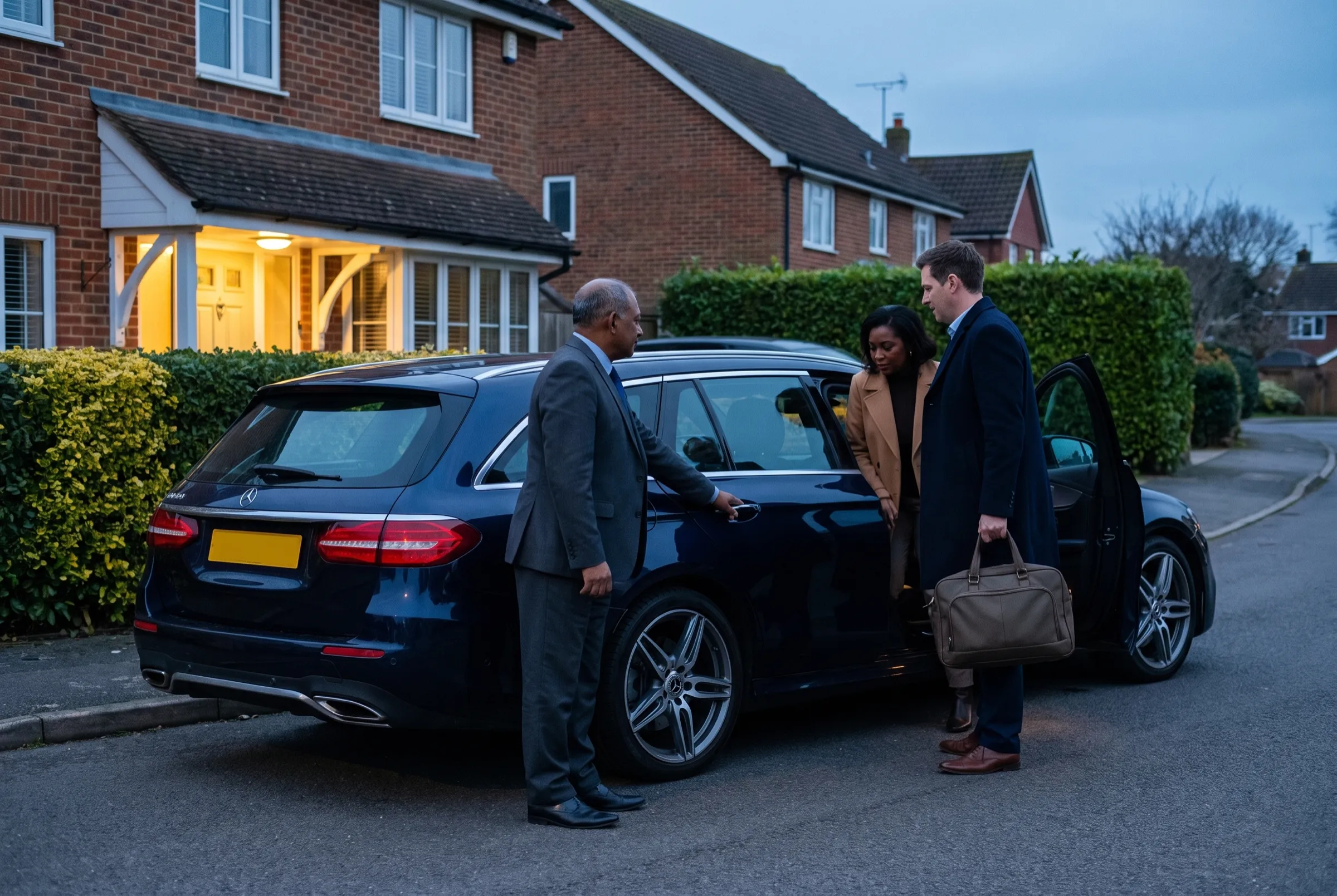 The driver holding the door of the E-Class for a couple at dusk